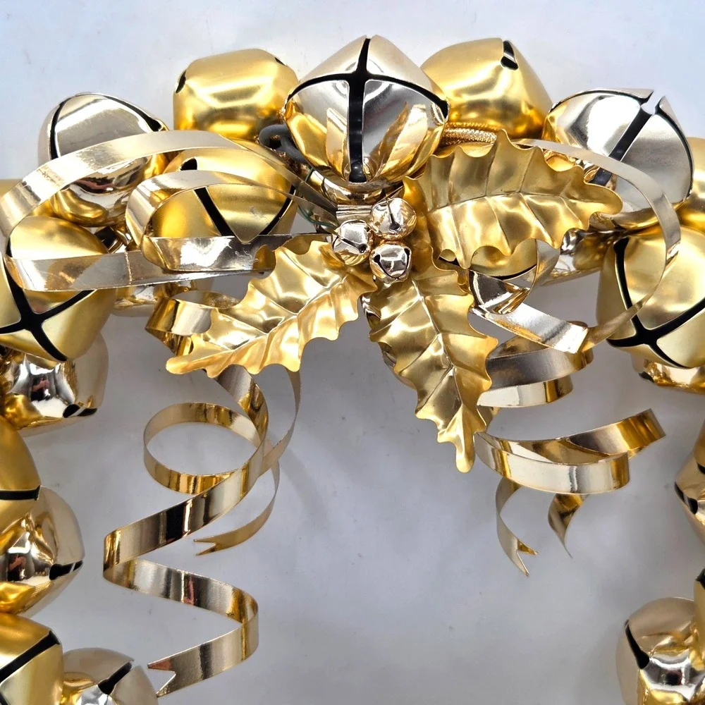 Christmas Gold Jingle Bell Wreath All Metal 2 Sided with Bow 12